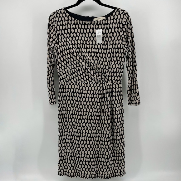 Loft Women’s Wrap Dress Black Tan Geometric S New - Picture 1 of 5